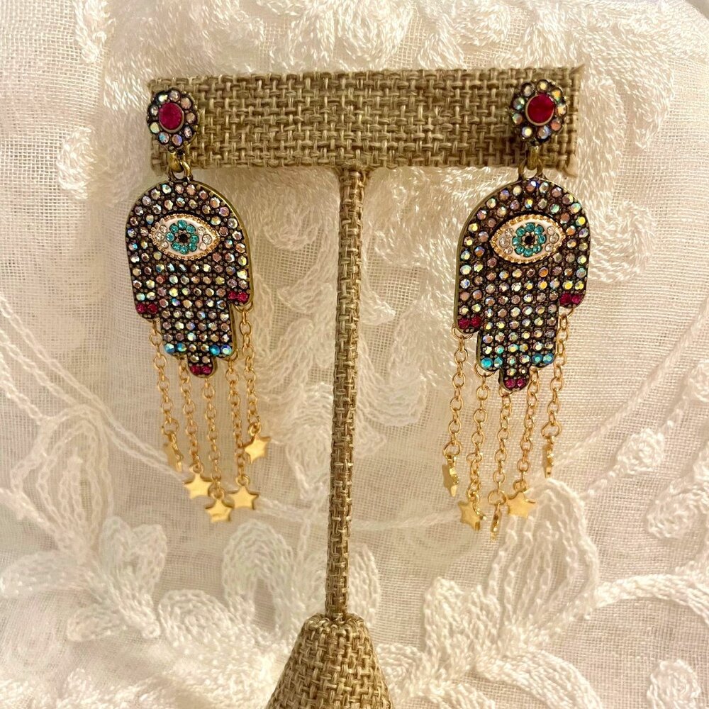 Betsy Johnson Hamsa Evil Eye Statement Earrings – Crystal & Star Chain Drop